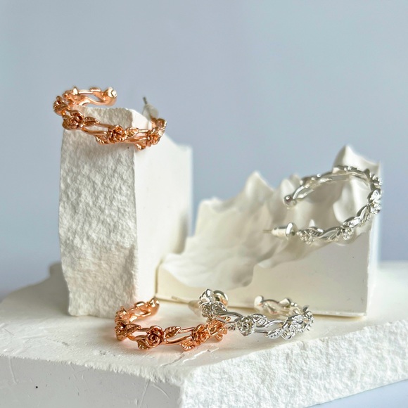 Rose Hoops Earrings 18K Gold Rose Earrings Gold Hoops Earrings Twig Earrings - Picture 10 of 10